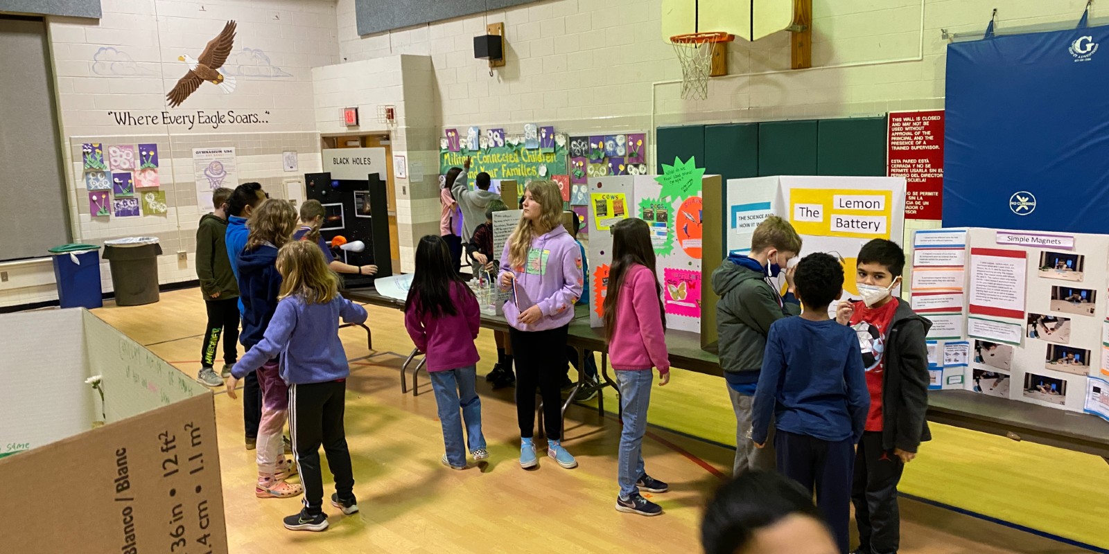 students view science projects in the gym