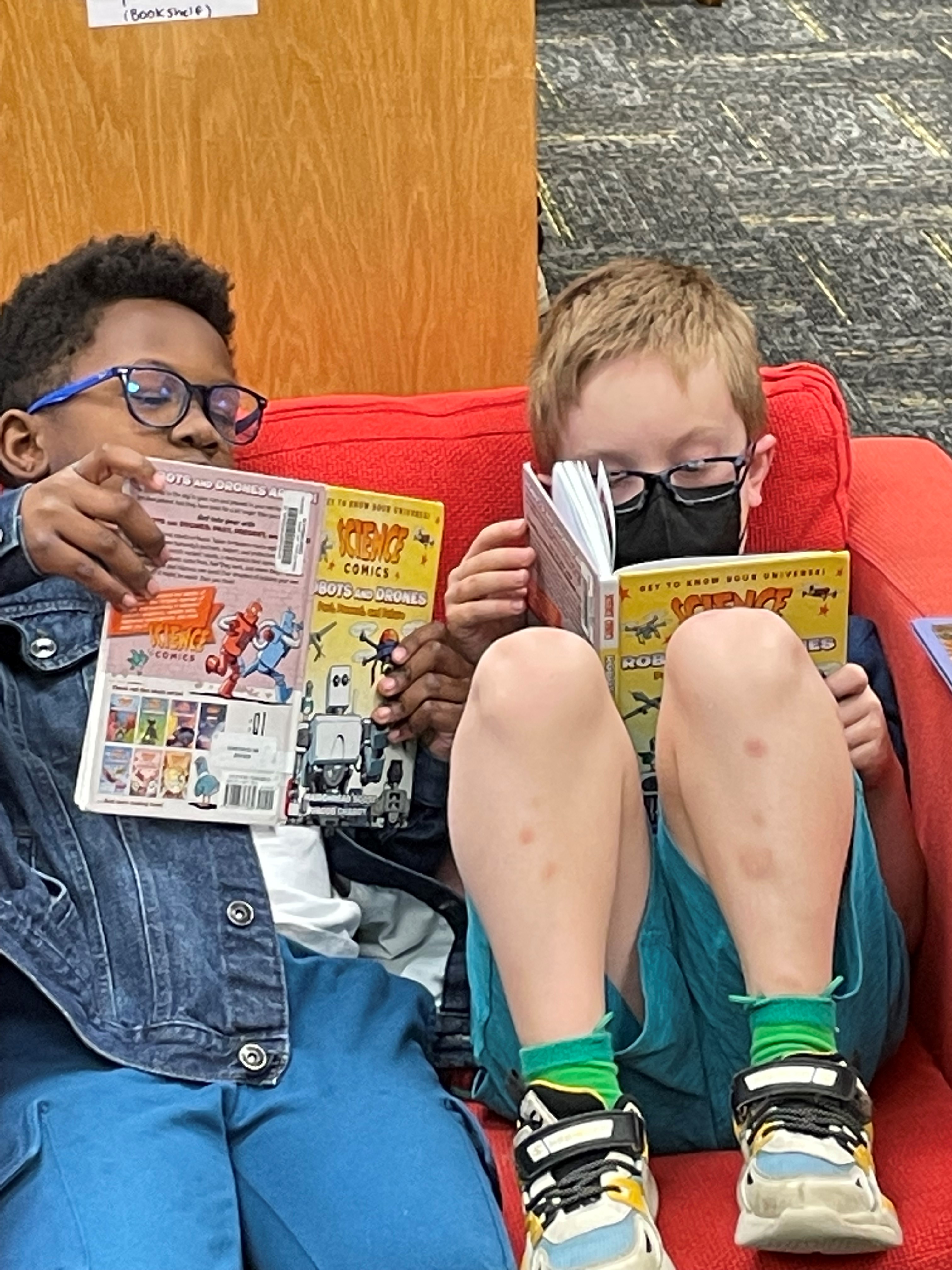 2 boys reading science books in a chair
