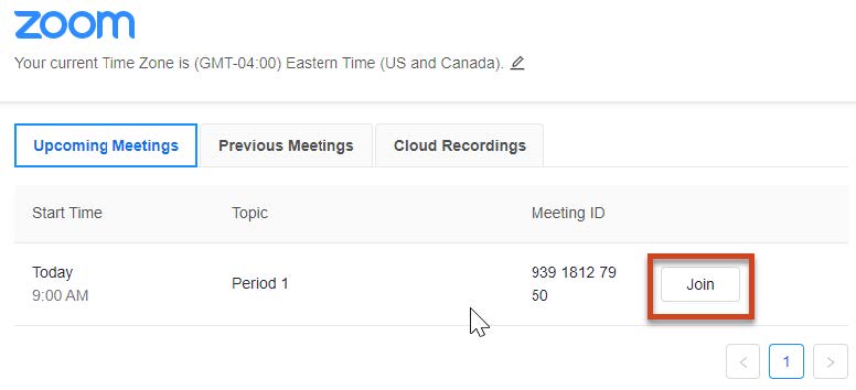 Zoom list of upcoming meeting and join button circled in red