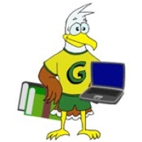 graphic of mascot eagle with laptop and books