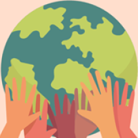 graphic with multiple hands holding up earth